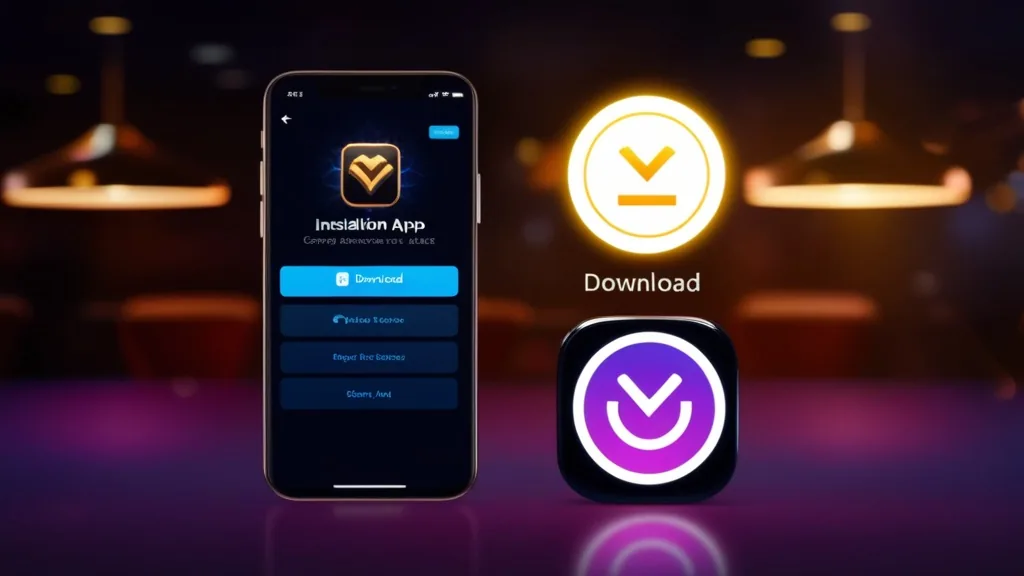 Mobiltelefonon futó casino app telepítési képernyő sötét, neonfényes háttérrel