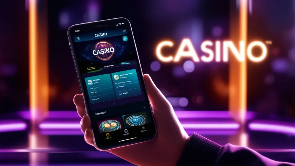 Mobil böngészőben megnyitott casino felület sötét neon háttérrel
