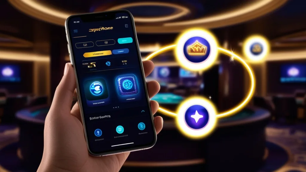 Mobiltelefonon látható casino app funkciók sötét elegáns környezetben